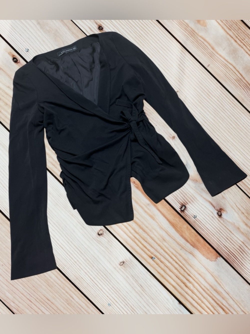 Zara XS black ruched side wrap side tie blazer blouse